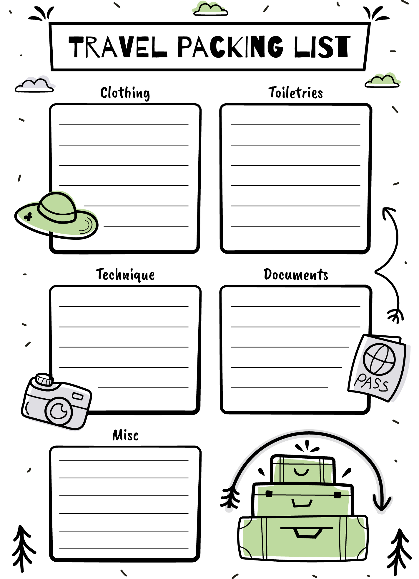 DOODLE Travel Packing List PRINTABLE Full Page Checklist Hand Drawn PDF