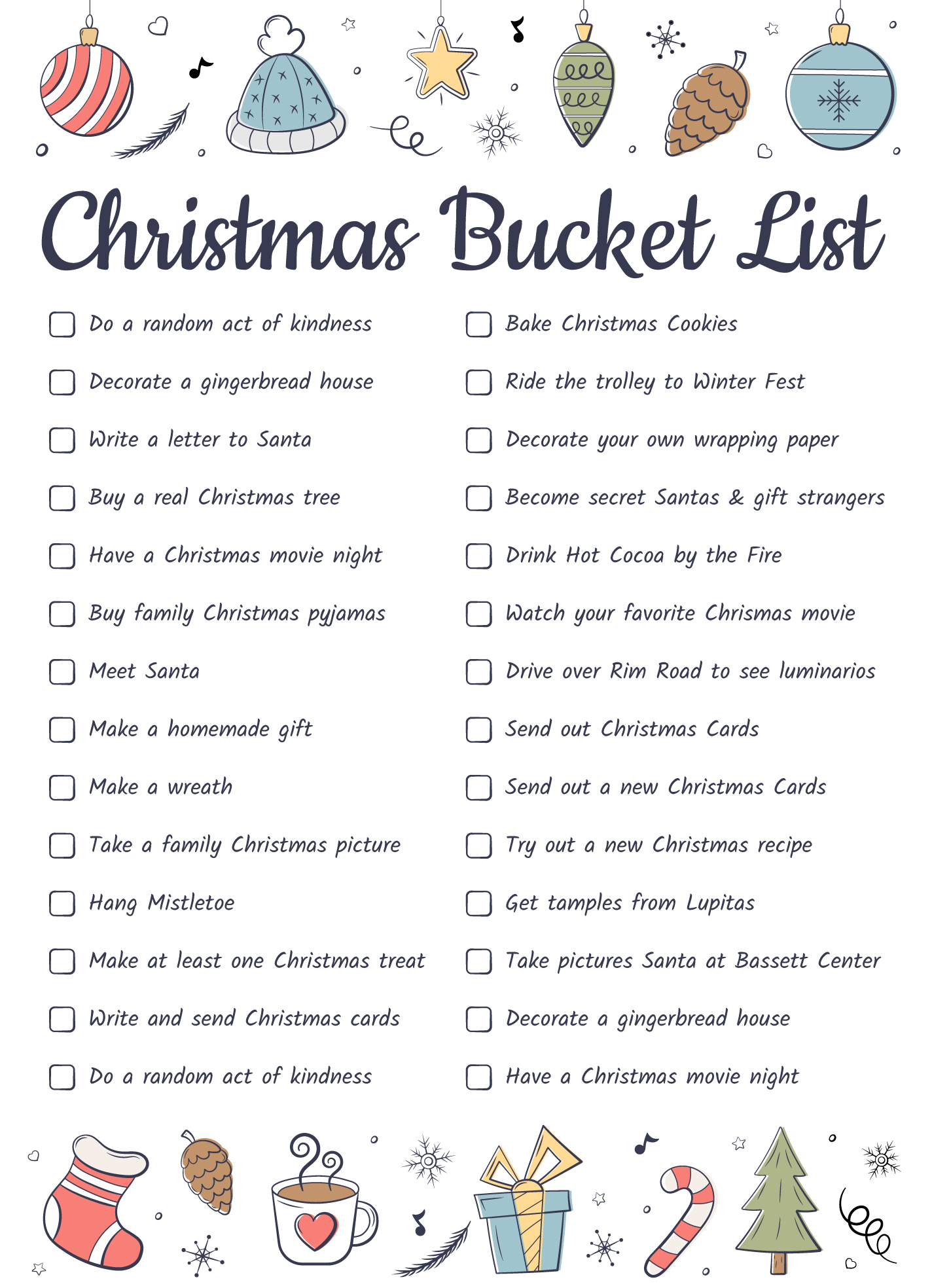 Free Printable Christmas Bucket List with Christmas Activities