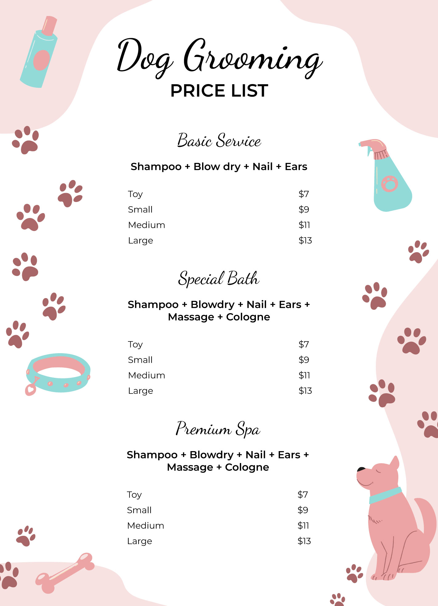 Pet grooming services price on sale list