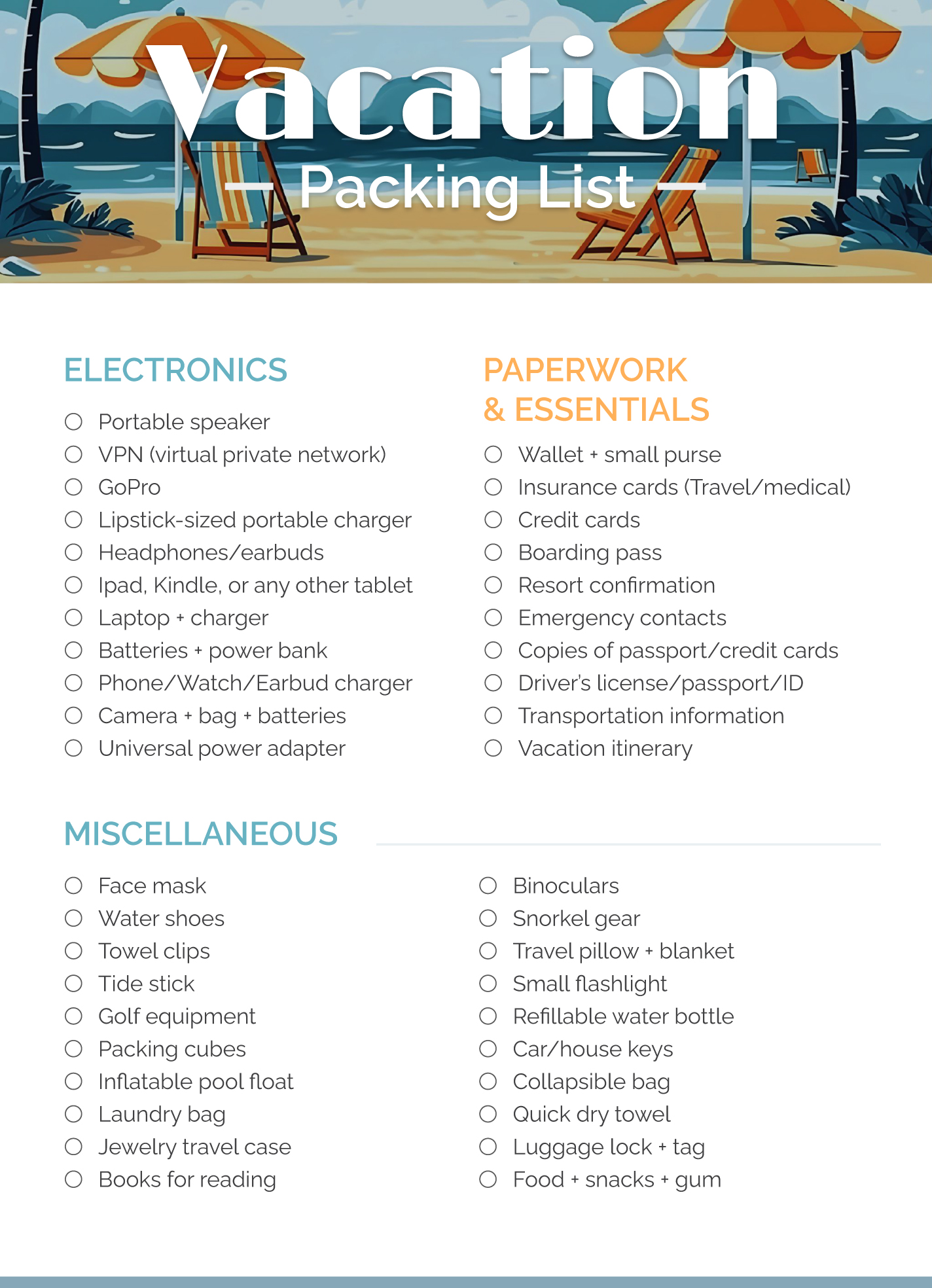 Editable Resort Vacation Packing List Free Google Docs Template