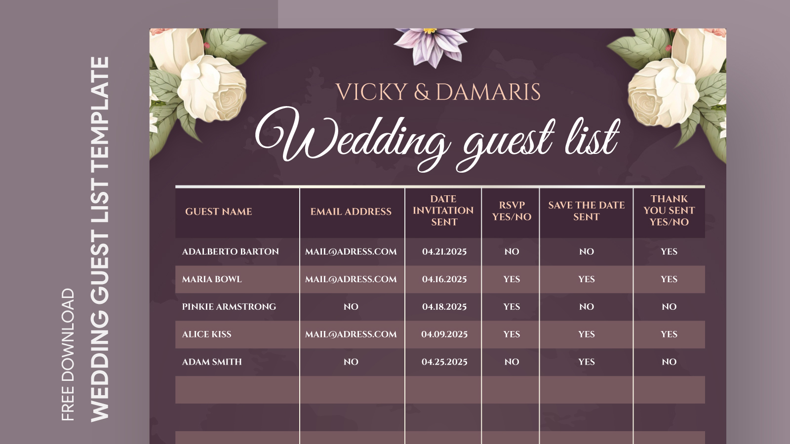 Elegant Wedding Guest List Free Google Docs Template - gdoc.io