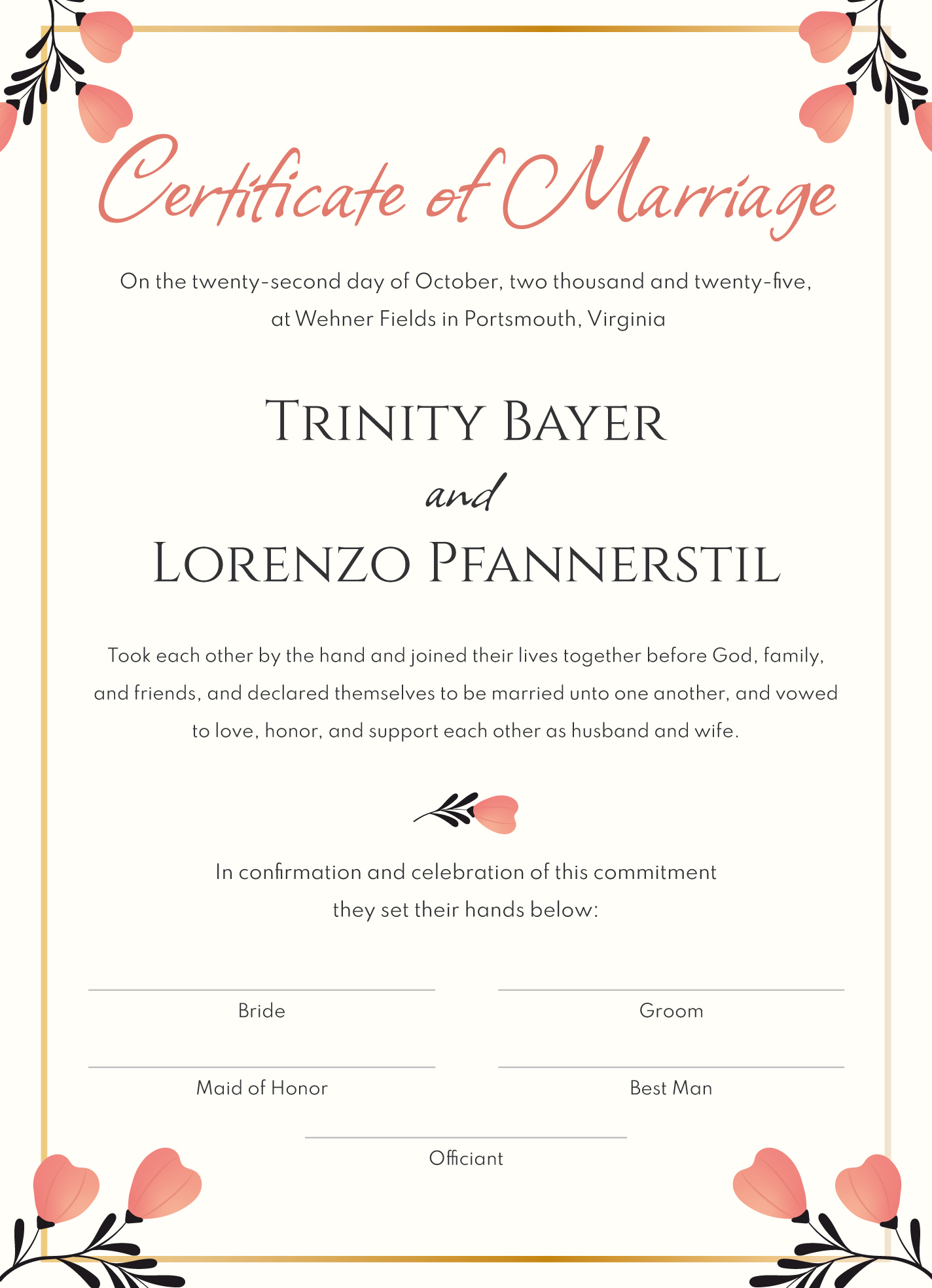 Fake Marriage Certificate Free Google Docs Template - gdoc.io