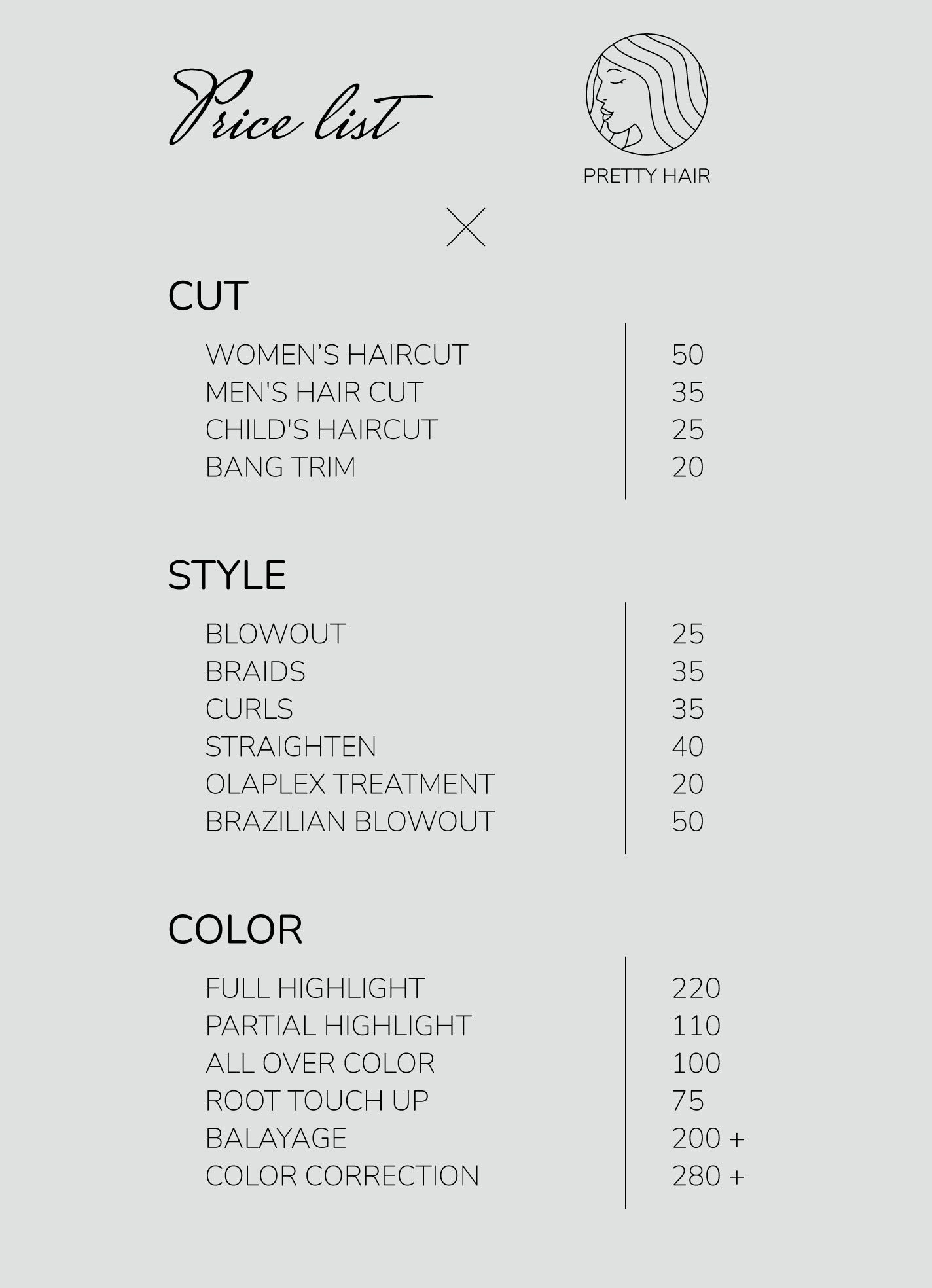 Hairdresser price store list