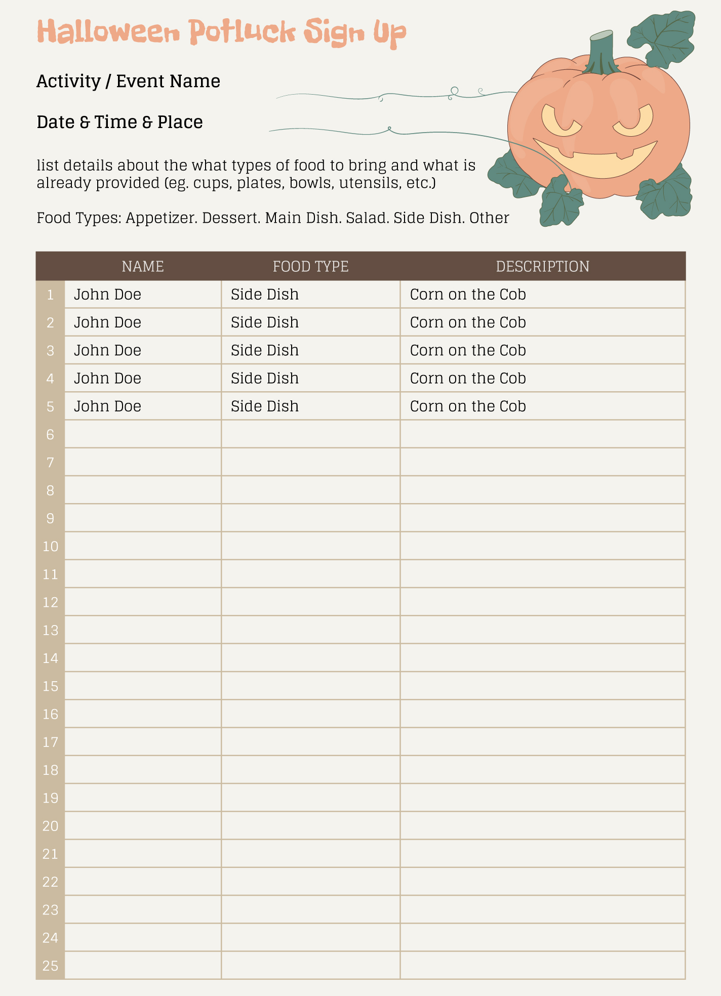 Halloween Potluck List Free Google Docs Template - gdoc.io