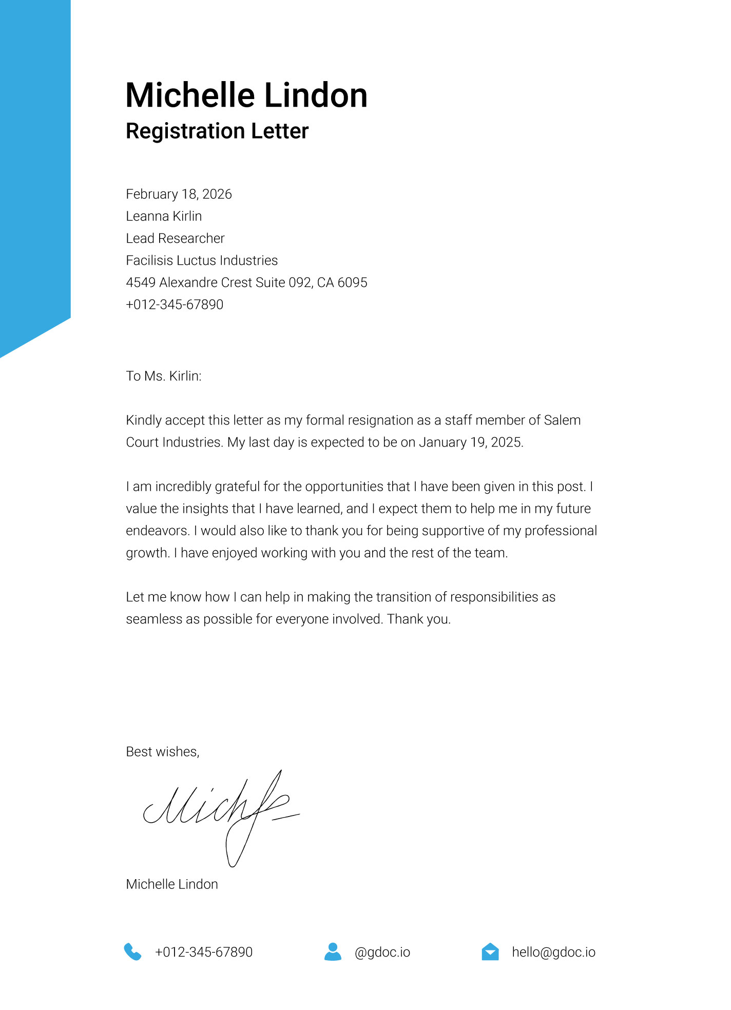 Immediate Resignation Letter Template