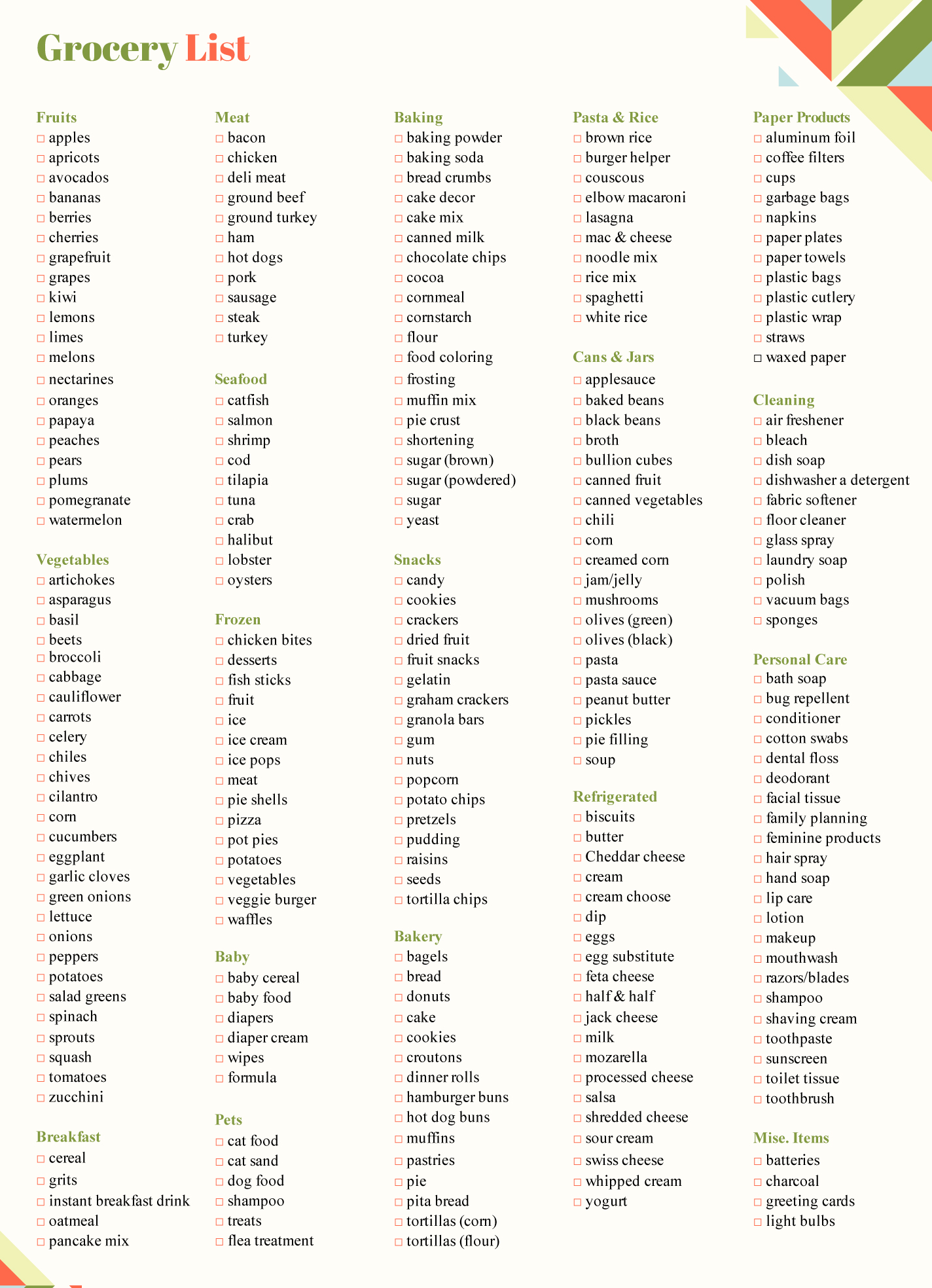 Master Grocery List Free Google Docs Template 