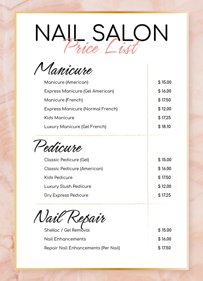 Nail Salon Price List Free Google Docs Template 60 OFF