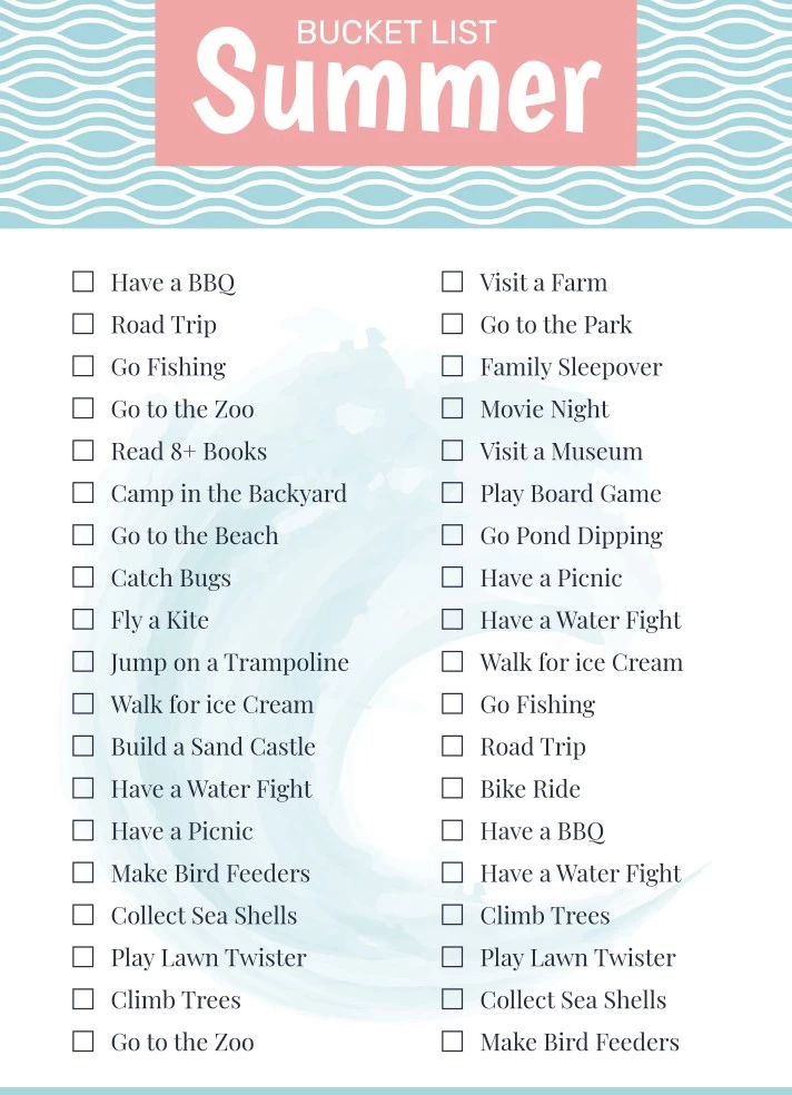 Free Summer Bucket List for Teens Printable Checklist