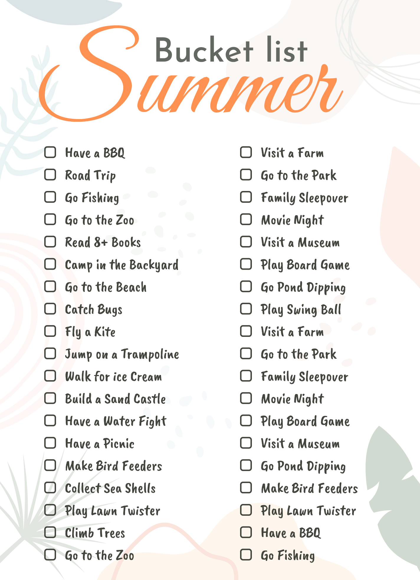 Summer Bucket List for Adults Free Google Docs Template 