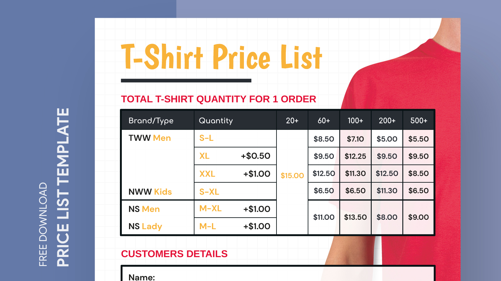 Tshirt PRICE LIST Template Editable. Printable Price Sheet 