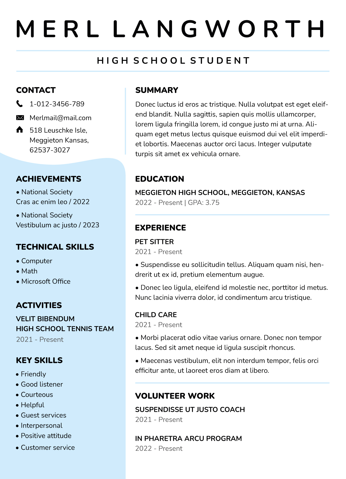 resume examples for students applying to college