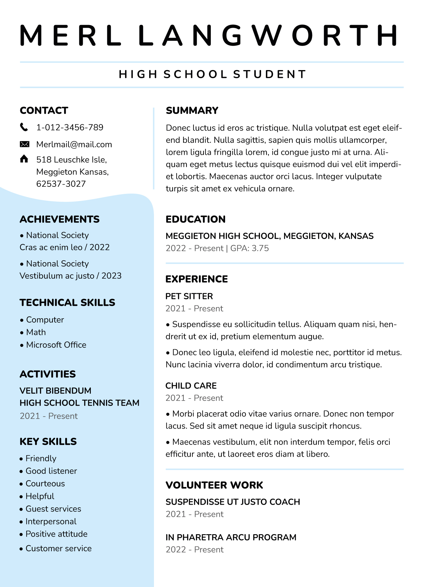 sample student resume skills