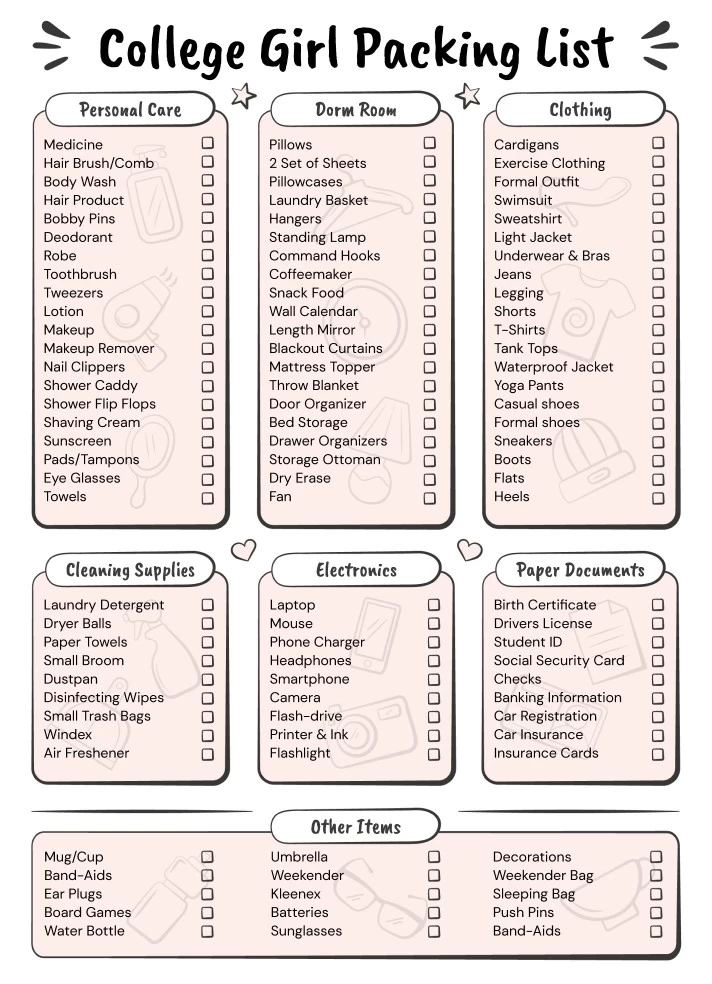 College Packing List Printable Back To School Moving Checklist For 