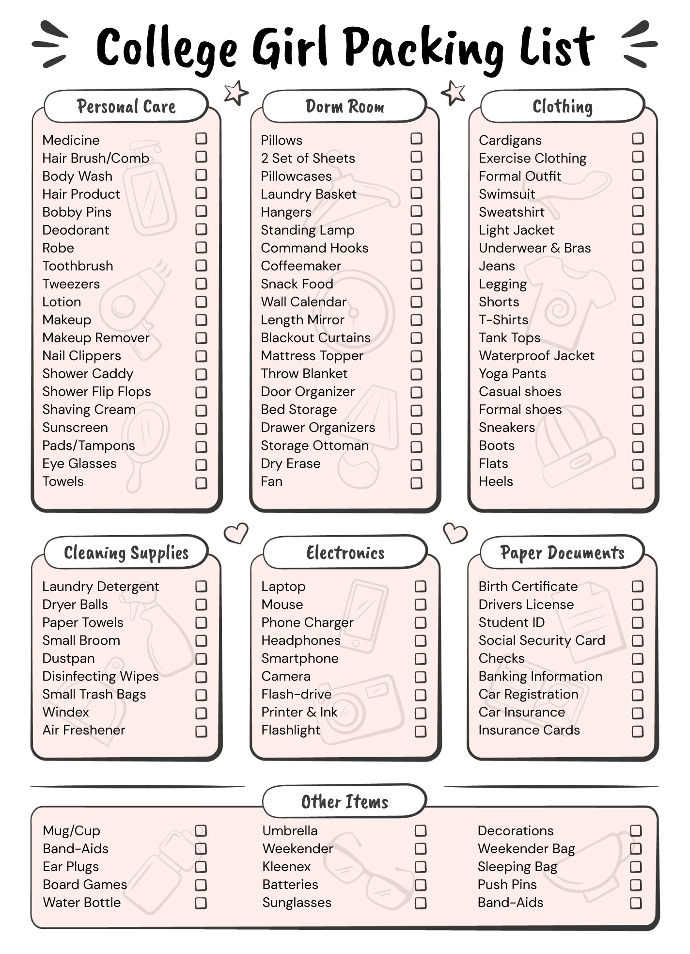 college girl packing list free google docs template gdoc io