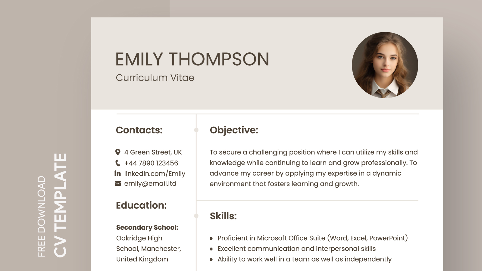 Curriculum Vitae for School Leaver Free Google Docs Template - gdoc.io