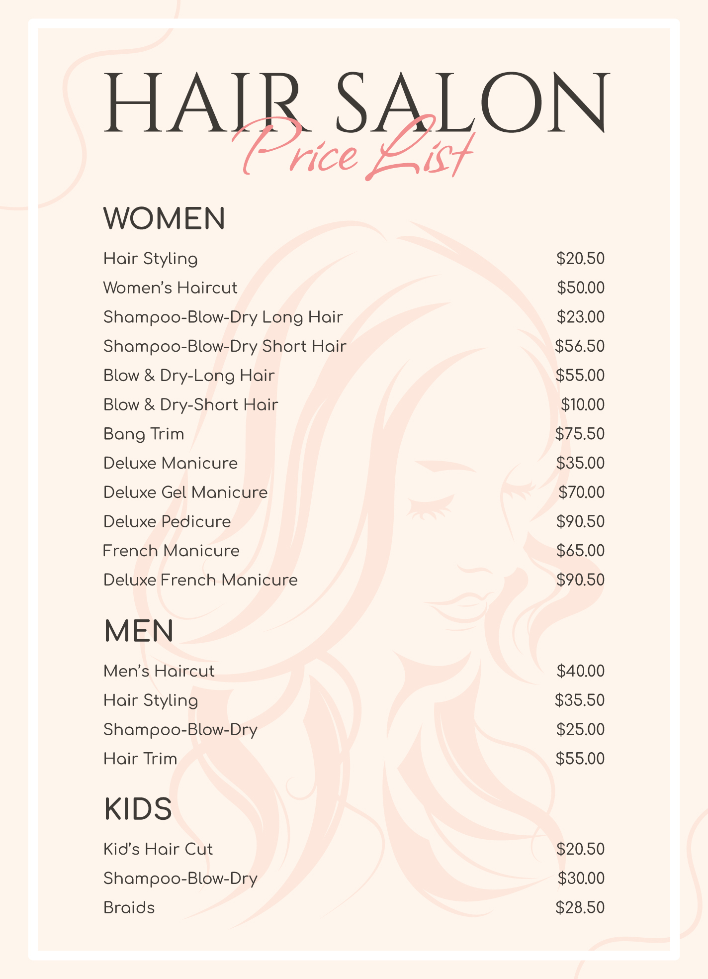 Hair Salon Price List Template Free Download Resume E vrogue.co