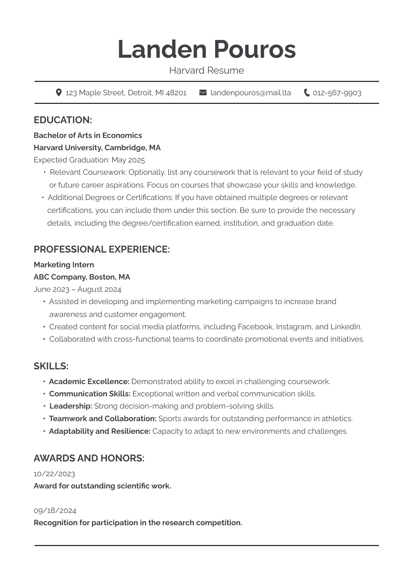 Harvard Resume Free Google Docs Template - gdoc.io