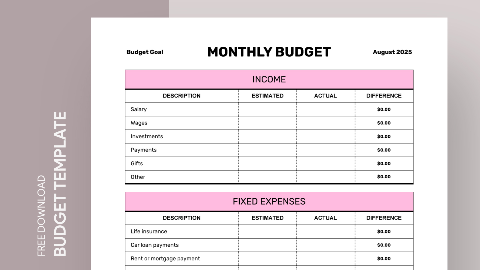 Modern Pink Monthly Budget Free Google Sheets Excel Template