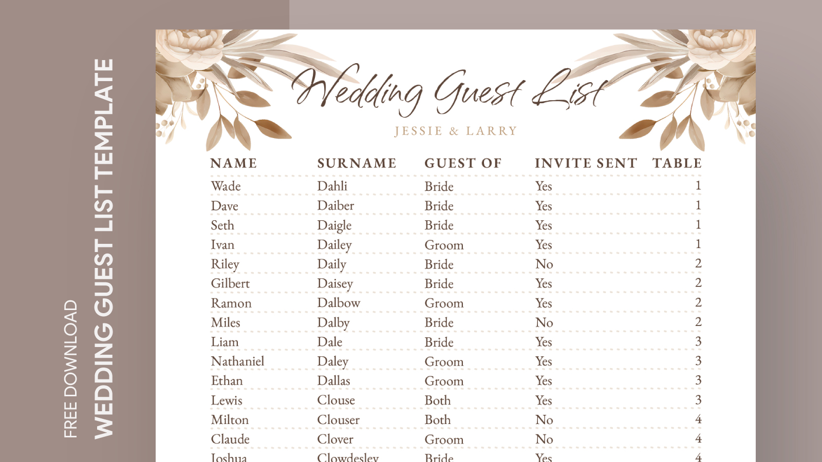 Rustic Wedding Guest List Free Google Docs Template - gdoc.io