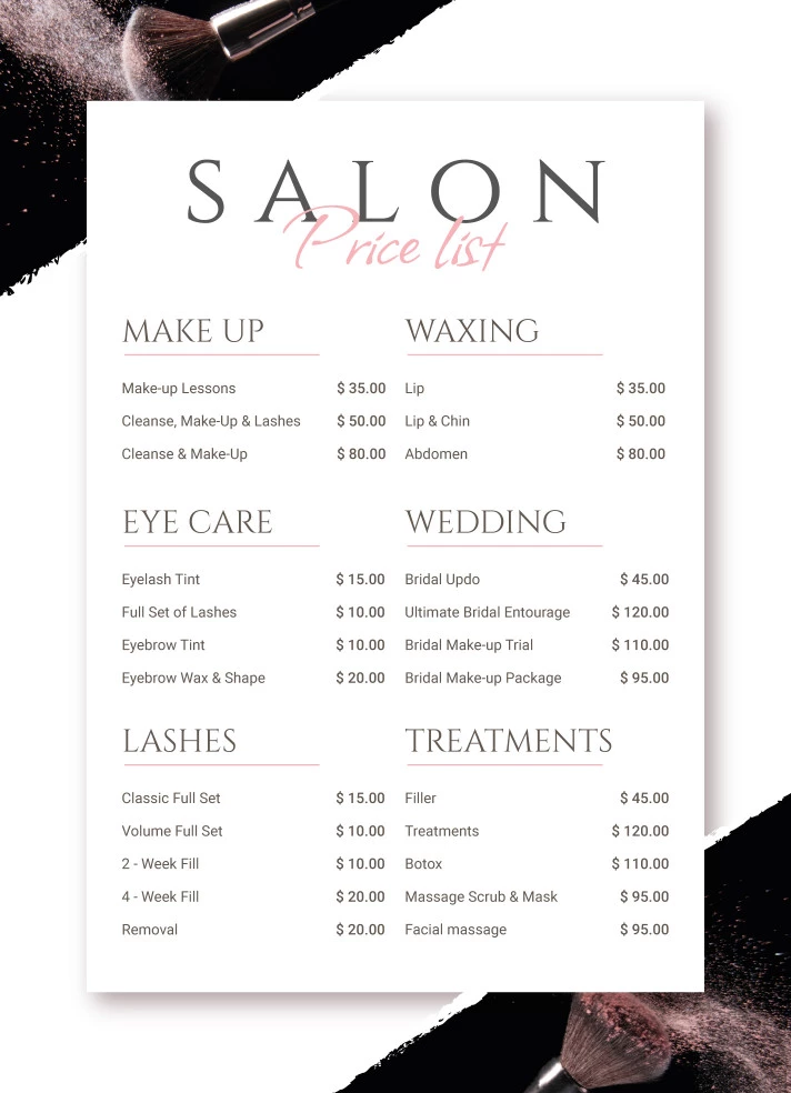 beauty salon price list