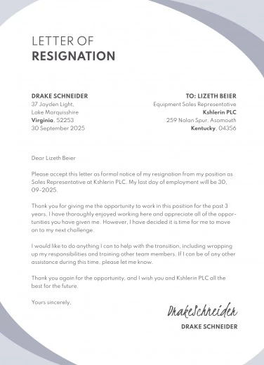 resignation letter sample 2 weeks notice
