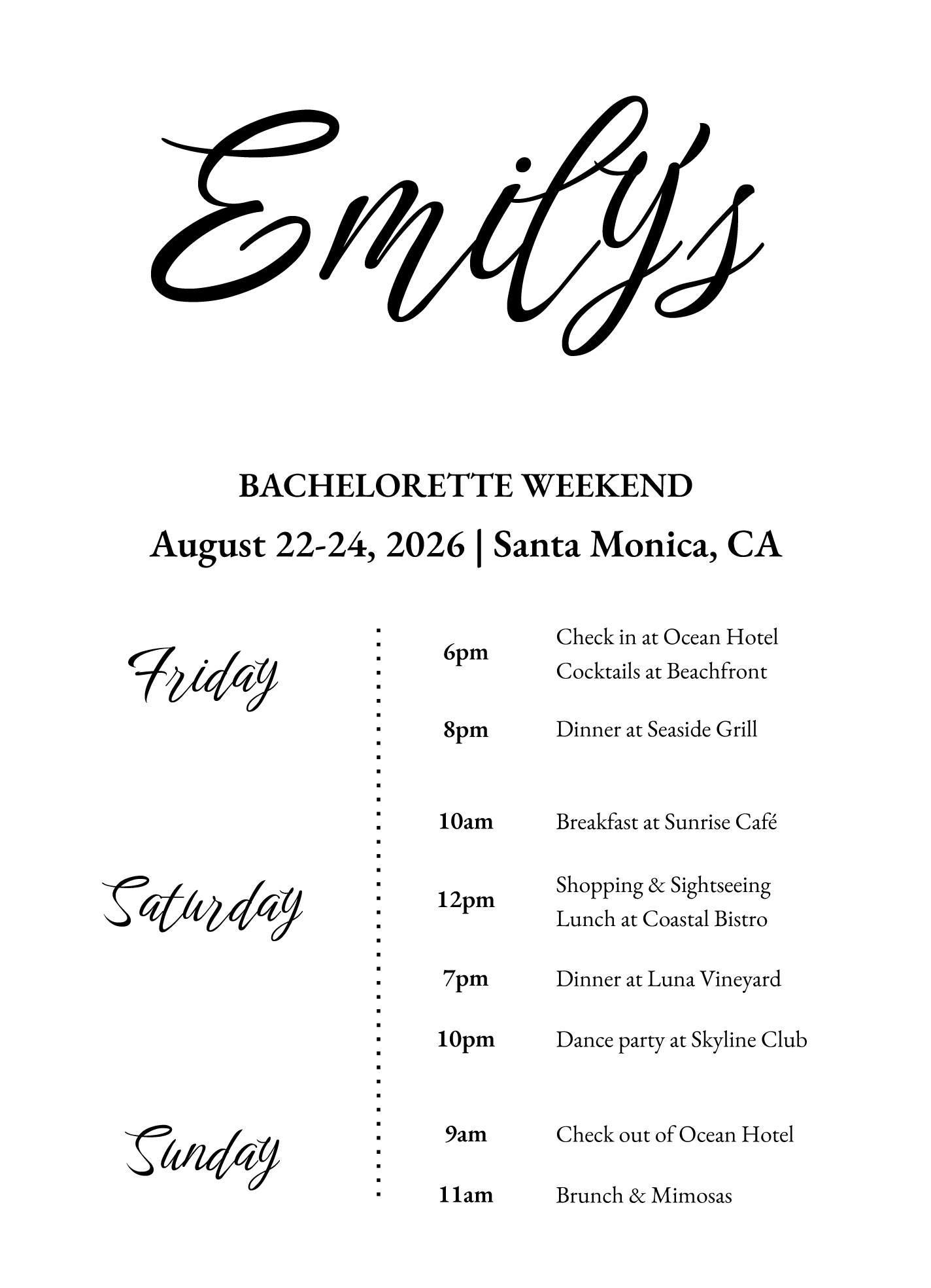 Bachelorette Itinerary Template Bachelorette Itinerary Template