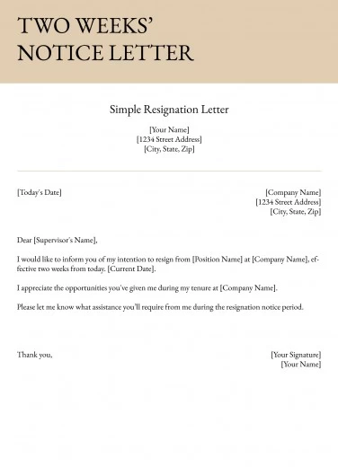 formal resignation letter with 1 weeks notice