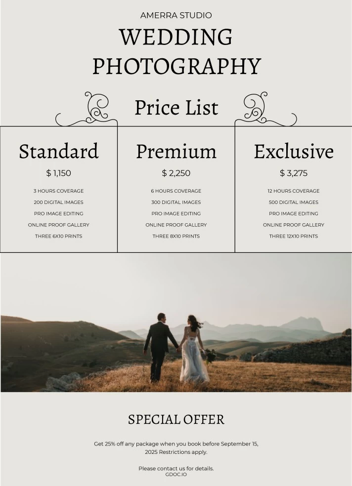 wedding photography price list template